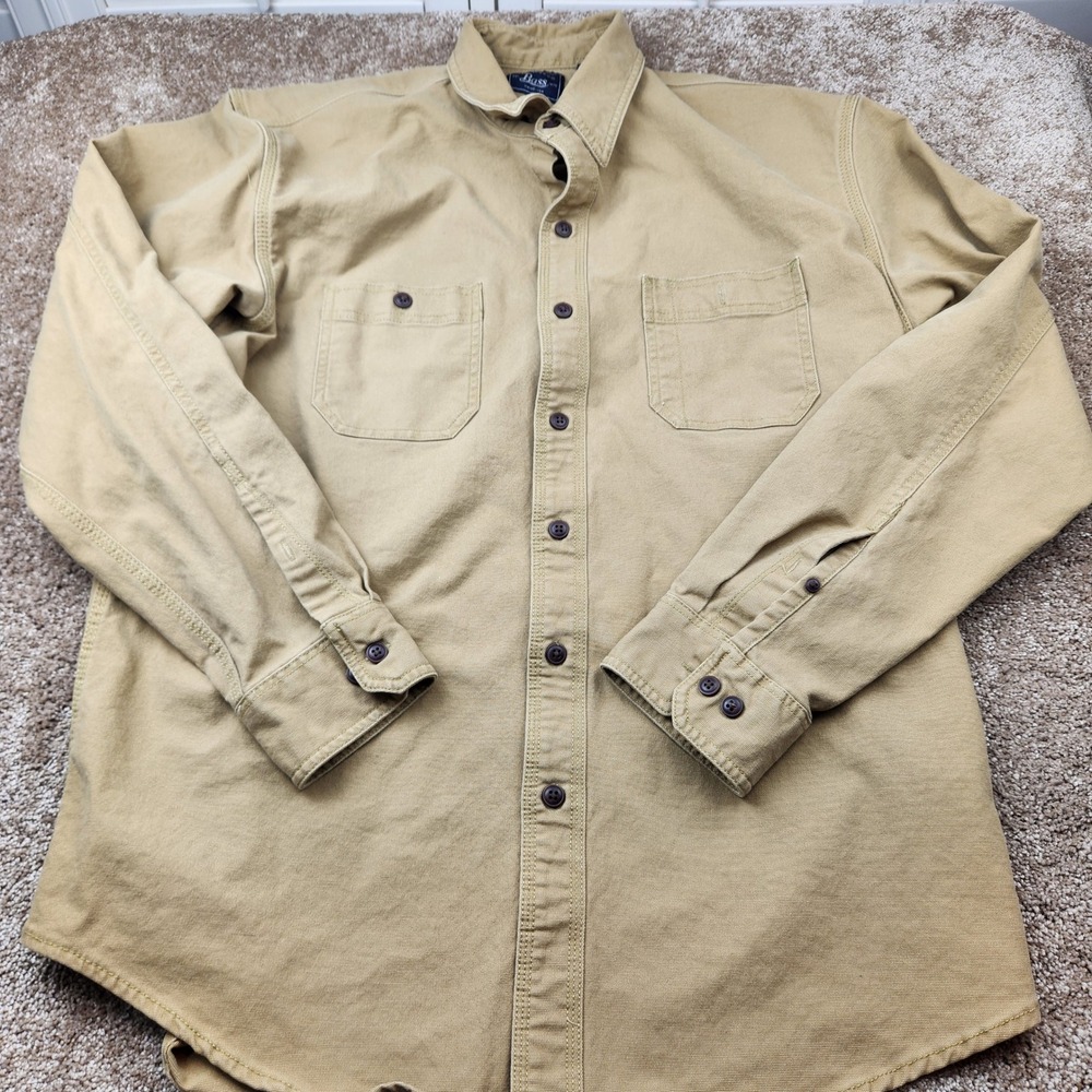 GH Bass Mens Tan Khaki Cotton Stretch Canvas Long Sleeve Button Down Shirt L